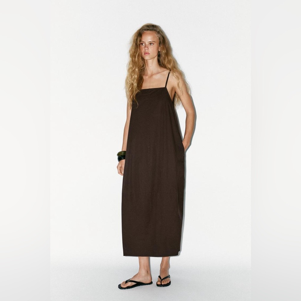 ZARA Brown 100% cotton voluminous bubble dress with straps NWT XS
